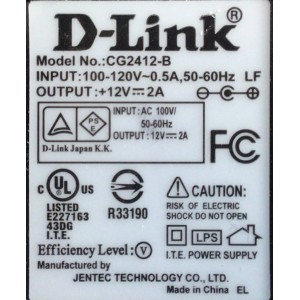 CARGADOR / ADAPTADOR DE FUENTE DE ALIMENTACION D-LINK / VCA-VCD / NUMERO DE PARTE CG2412-B / ENTRADA VCA 100-120V~ 0.5A, 50-60HZ / SALIDA VCD 12V 2A / MODELO CG2412-B